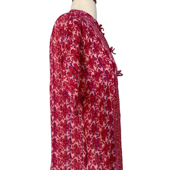 Vintage Metallic Sheer Chiffon Pink Floral Boho Button Up Maxi Kaftan Dress OS - Picture 8 of 12